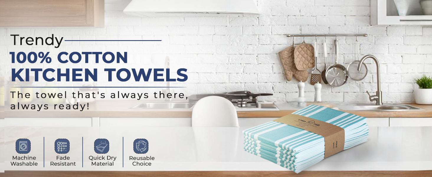 Urban Villa Kitchen Towels Blue White Striped 100% Cotton Set of 6, 20x30 Inch Oversized Dish Cloths, Highly Absorbent, Mitered Corners & Hanging Loop, Hand & Tea Towels, Dish Towels