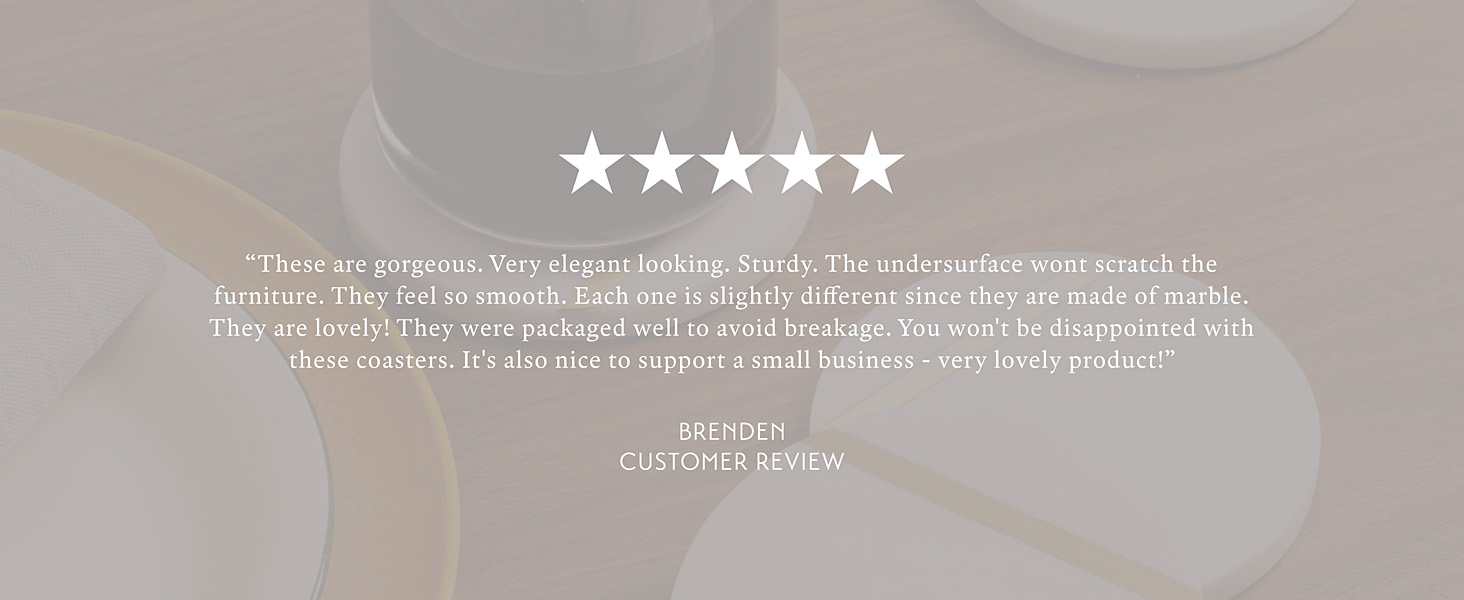 Cork & Mill Marble Coasters Set of 6 - Luxury Aesthetic Modern Decor for Coffee Table- White Marble with Gold Brass Inlay - Real Natural Semi Absorbent Stone Coasters