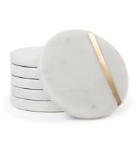 Cork & Mill Marble Coasters Set of 6 - Luxury Aesthetic Modern Decor for Coffee Table- White Marble with Gold Brass Inlay - Real Natural Semi Absorbent Stone Coasters
