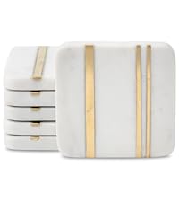 Cork & Mill Marble Coasters Set of 6 - Luxury Aesthetic Modern Decor for Coffee Table- White Marble with Gold Brass Inlay - Real Natural Semi Absorbent Stone Coasters