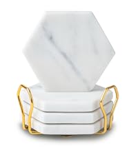 Cork & Mill Marble Coasters Set of 6 - Luxury Aesthetic Modern Decor for Coffee Table- White Marble with Gold Brass Inlay - Real Natural Semi Absorbent Stone Coasters