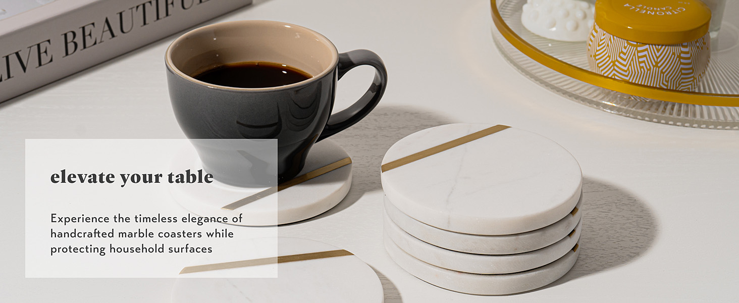 Cork & Mill Marble Coasters Set of 6 - Luxury Aesthetic Modern Decor for Coffee Table- White Marble with Gold Brass Inlay - Real Natural Semi Absorbent Stone Coasters