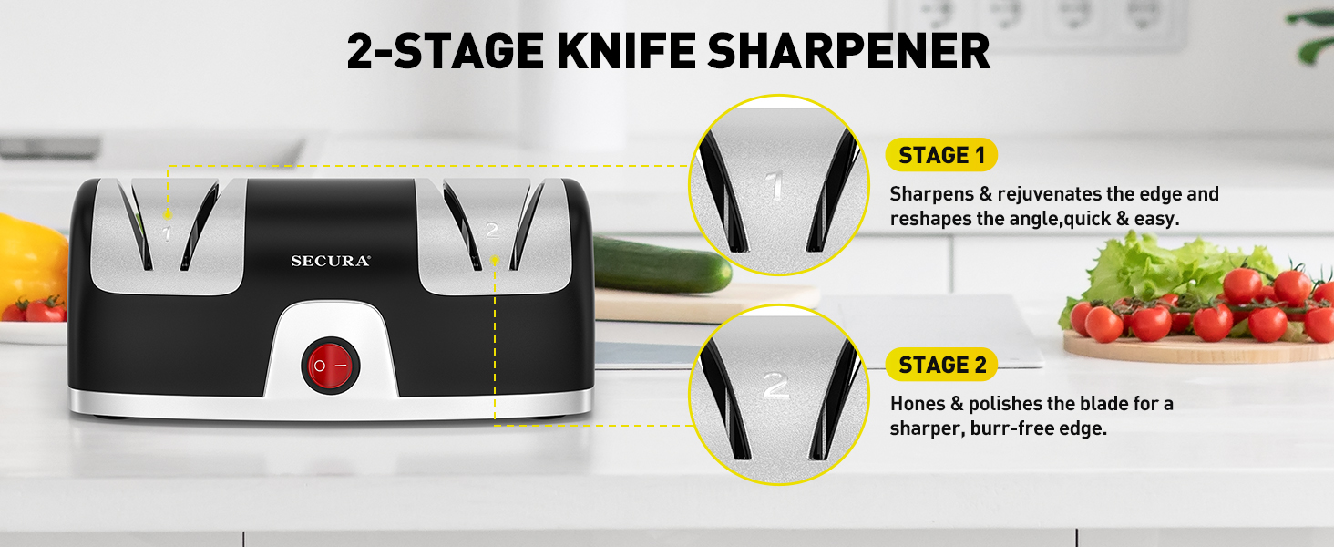 Secura 2-Stage Electric Knife Sharpener with Diamond Abrasives and Precision Angle Guides, Professional Sharpening Tool for Kitchen Straight Edge and Ceramic Knife, Black