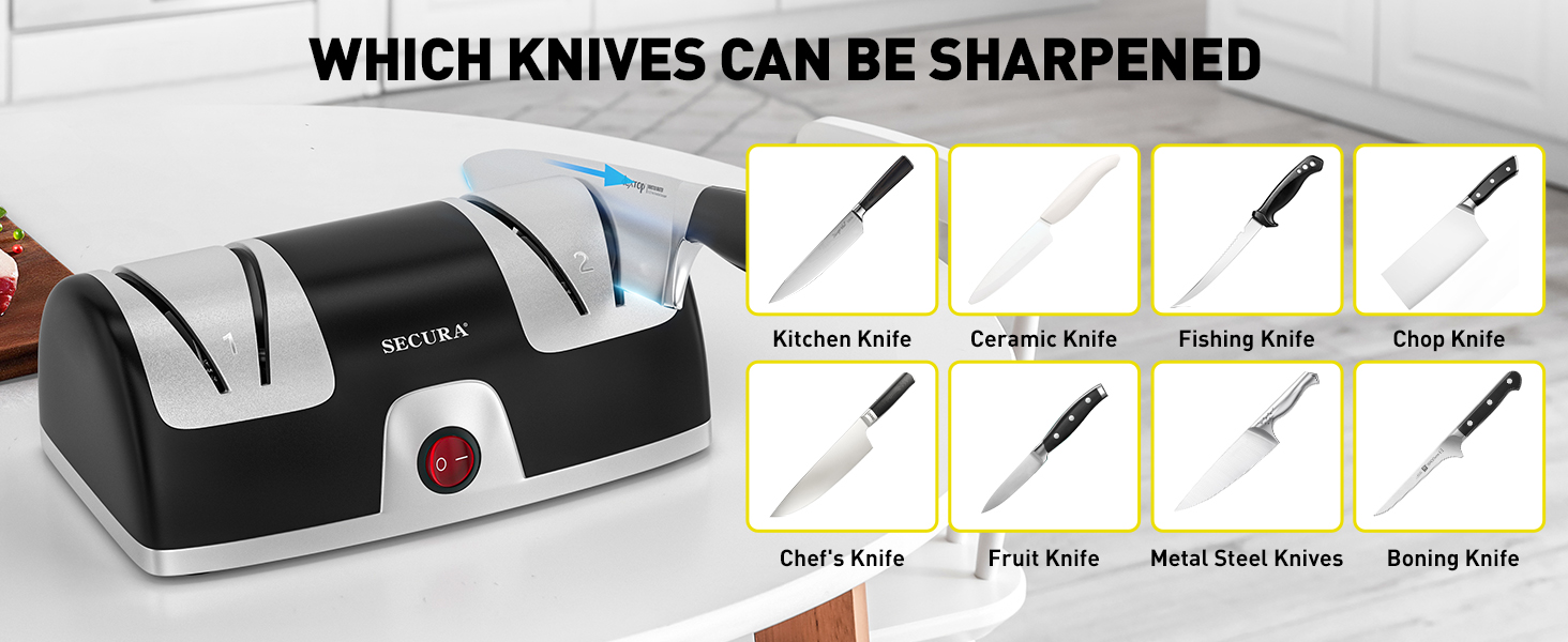 Secura 2-Stage Electric Knife Sharpener with Diamond Abrasives and Precision Angle Guides, Professional Sharpening Tool for Kitchen Straight Edge and Ceramic Knife, Black