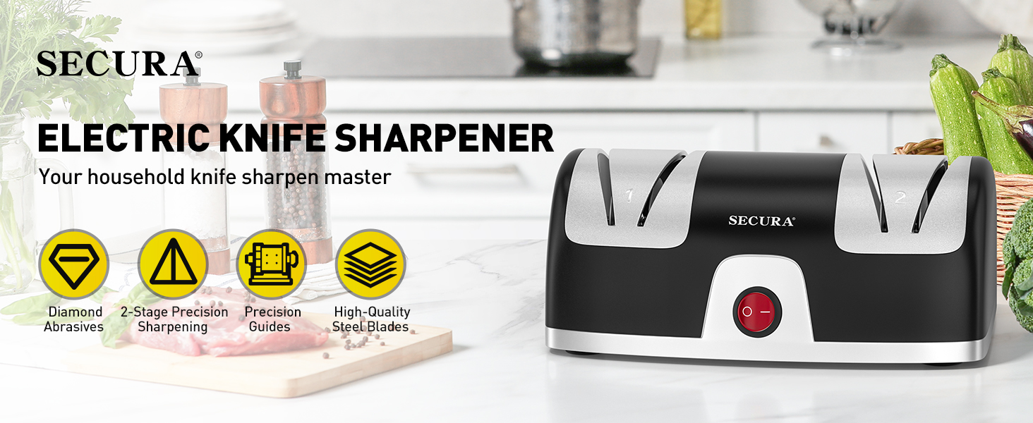 Secura 2-Stage Electric Knife Sharpener with Diamond Abrasives and Precision Angle Guides, Professional Sharpening Tool for Kitchen Straight Edge and Ceramic Knife, Black