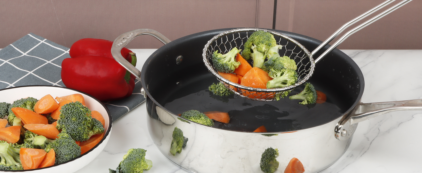 Hicook Stainless Steel Kitchen Spider Strainer Skimmer Ladle Food Dumpling Noodle Strainer for Pasta Spaghetti Noodles and Frying, 5 inches