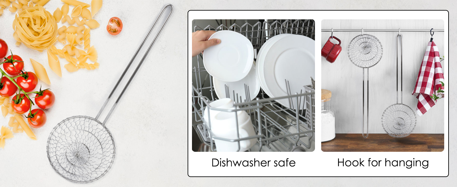 Hicook Stainless Steel Kitchen Spider Strainer Skimmer Ladle Food Dumpling Noodle Strainer for Pasta Spaghetti Noodles and Frying, 5 inches