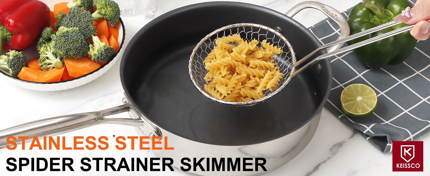 Hicook Stainless Steel Kitchen Spider Strainer Skimmer Ladle Food Dumpling Noodle Strainer for Pasta Spaghetti Noodles and Frying, 5 inches