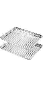 Baking Sheet with Silicone Mat Set, Set of 8 (4 Sheets + 4 Mats), Stainless Steel Cookie Sheet Baking Pans with Reusable Silicone Baking Mat, Non Toxic & Heavy Duty & Easy Clean