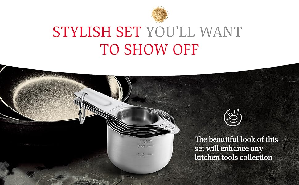 Spring Chef Stainless Steel Measuring Cups Set of 7 with Pour Spout - Nesting Kitchen Tools with Easy Read Markings to Measure Dry or Liquid Ingredients - Metal Measuring Cups for Baking & Cooking