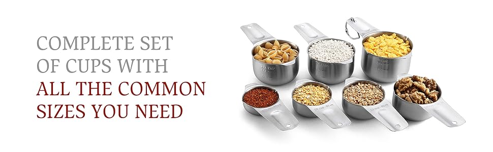 Spring Chef Stainless Steel Measuring Cups Set of 7 with Pour Spout - Nesting Kitchen Tools with Easy Read Markings to Measure Dry or Liquid Ingredients - Metal Measuring Cups for Baking & Cooking