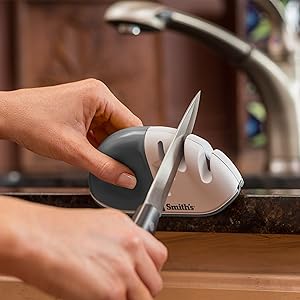 Smith's 51003 Diamond Edge Grip™ MAX 2-Stage Sharpener – White - Compact - Non-Slip Base - Patented V Grip – Sharpen Knives & Scissors - Diamond & Ceramic Sharpeners