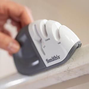 Smith's 51003 Diamond Edge Grip™ MAX 2-Stage Sharpener – White - Compact - Non-Slip Base - Patented V Grip – Sharpen Knives & Scissors - Diamond & Ceramic Sharpeners