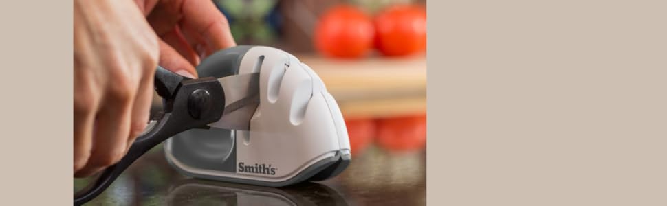 Smith's 51003 Diamond Edge Grip™ MAX 2-Stage Sharpener – White - Compact - Non-Slip Base - Patented V Grip – Sharpen Knives & Scissors - Diamond & Ceramic Sharpeners