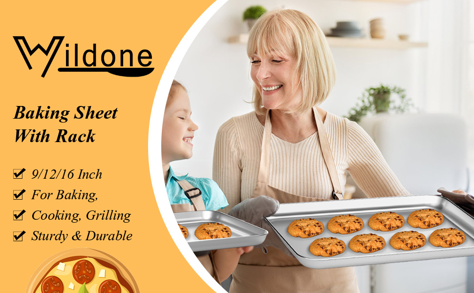 Wildone Baking Sheet with Rack Set (3 Pans + 3 Racks), Stainless Steel Baking Pan Cookie Sheet with Cooling Rack, Non Toxic & Heavy Duty & Easy Clean