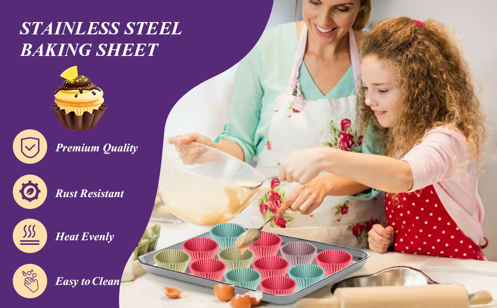 Wildone Baking Sheet Set of 3, Stainless Steel Cookie Sheet Cooking Sheet Pan for Baking & Roasting, 9/12/16 Inch, Non Toxic & Heavy Duty & Easy Clean