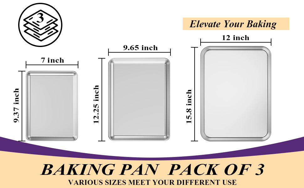 Wildone Baking Sheet Set of 3, Stainless Steel Cookie Sheet Cooking Sheet Pan for Baking & Roasting, 9/12/16 Inch, Non Toxic & Heavy Duty & Easy Clean