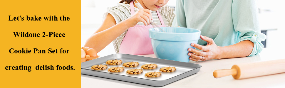 Wildone Baking Sheet Set of 2 - Stainless Steel Cookie Sheet Baking Pan, Size 16 x 12 x 1 inch, Non Toxic & Heavy Duty & Mirror Finish & Rust Free & Easy Clean