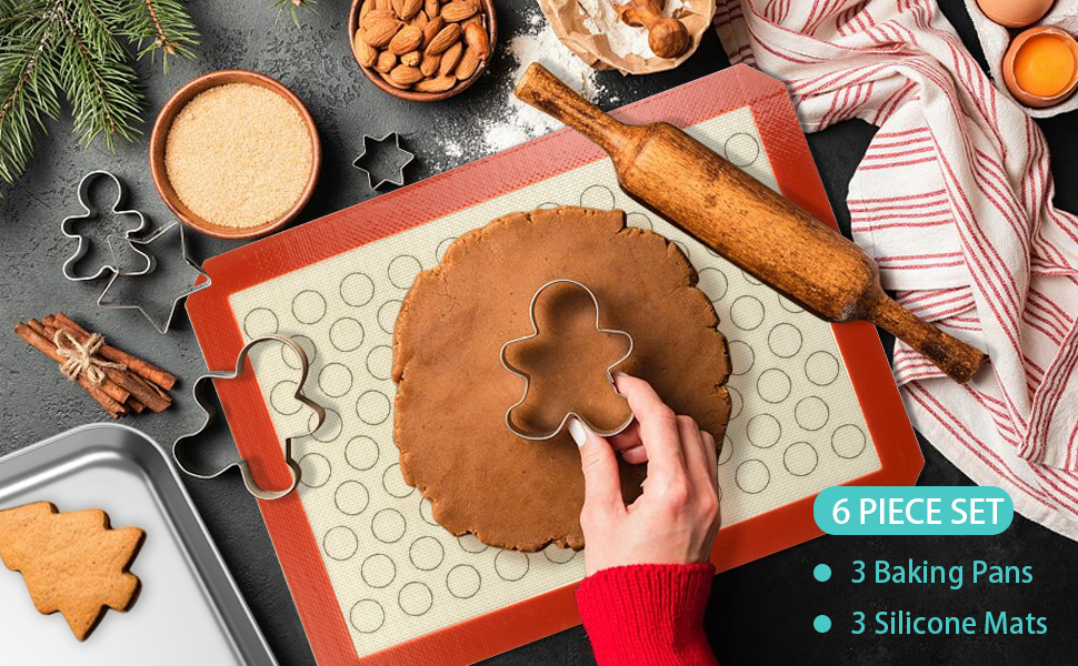 Wildone Baking Sheet with Silicone Mat Set, Set of 6 (3 Sheets + 3 Mats), Stainless Steel Cookie Sheet Baking Pan with Silicone Mat, Non Toxic & Heavy Duty & Easy Clean