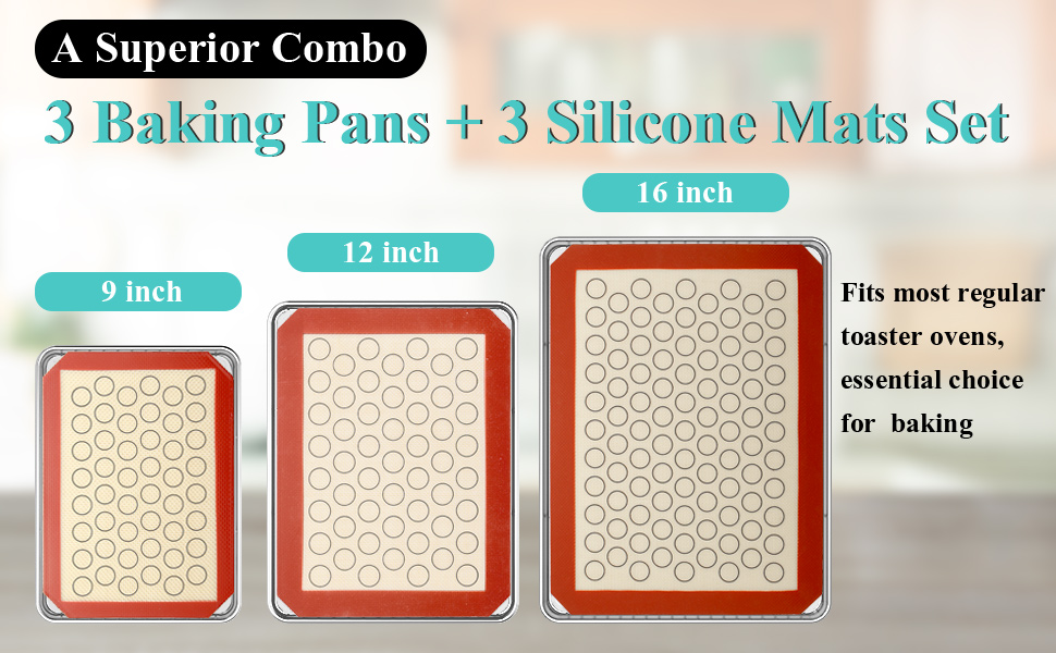 Wildone Baking Sheet with Silicone Mat Set, Set of 6 (3 Sheets + 3 Mats), Stainless Steel Cookie Sheet Baking Pan with Silicone Mat, Non Toxic & Heavy Duty & Easy Clean