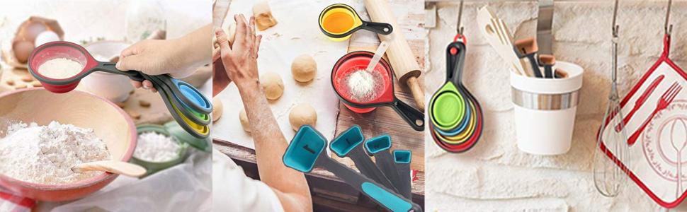 Collapsible Measuring Cups and Spoons - Portable Food Grade Silicone for Liquid & Dry Measuring, 8 Piece Set Kitchen Measuring Tool