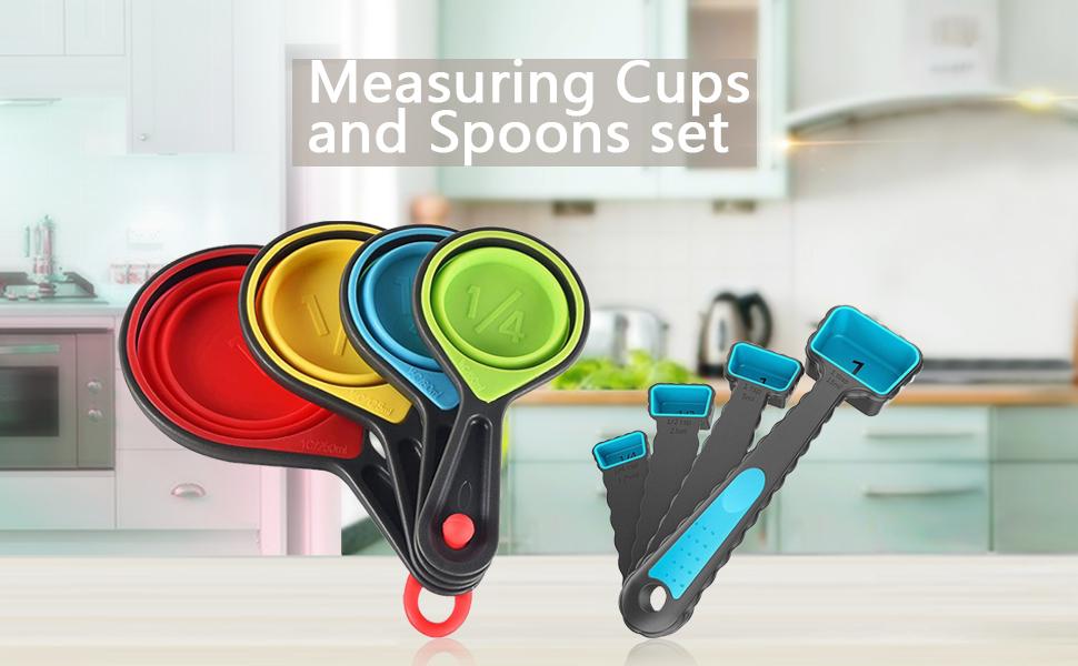 Collapsible Measuring Cups and Spoons - Portable Food Grade Silicone for Liquid & Dry Measuring, 8 Piece Set Kitchen Measuring Tool