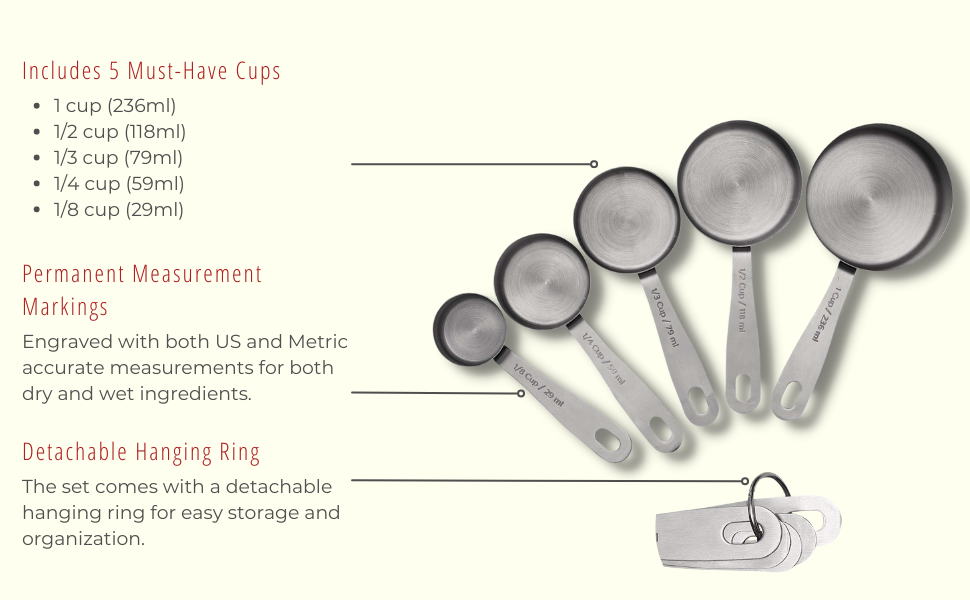 husMait Stainless Steel Measuring Cups - 5 Piece Heavy Duty Measuring Cup Set with Storage Ring