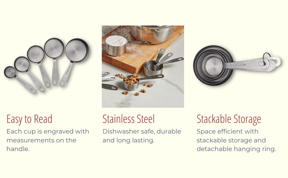 husMait Stainless Steel Measuring Cups - 5 Piece Heavy Duty Measuring Cup Set with Storage Ring