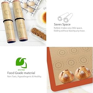 Macaron Silicone Baking Mat - Set of 2 Non Stick Silicon Macaroon Baking Sheet Cookie Liner(BPA Free/Reusable/Half Sheet),Perfect Cooking Kit for Macarons,Pastry,Cake and Bread Making (Red)