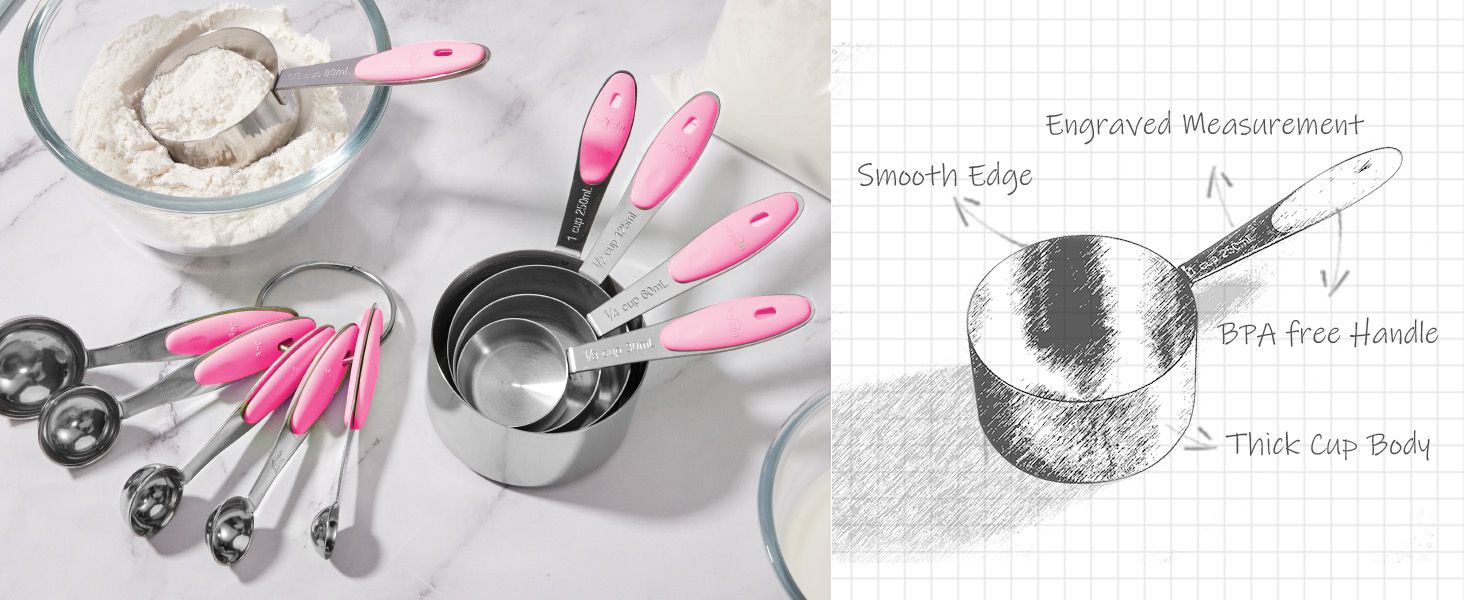 Joyhill Copper Measuring Cups and Spoons Set of 10 Piece, Stainless Steel Nesting Measuring Cup Set with Soft Touch Silicone Handles for Dry and Liquid Ingredients