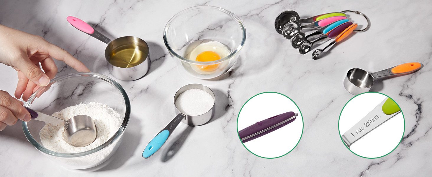 Joyhill Copper Measuring Cups and Spoons Set of 10 Piece, Stainless Steel Nesting Measuring Cup Set with Soft Touch Silicone Handles for Dry and Liquid Ingredients