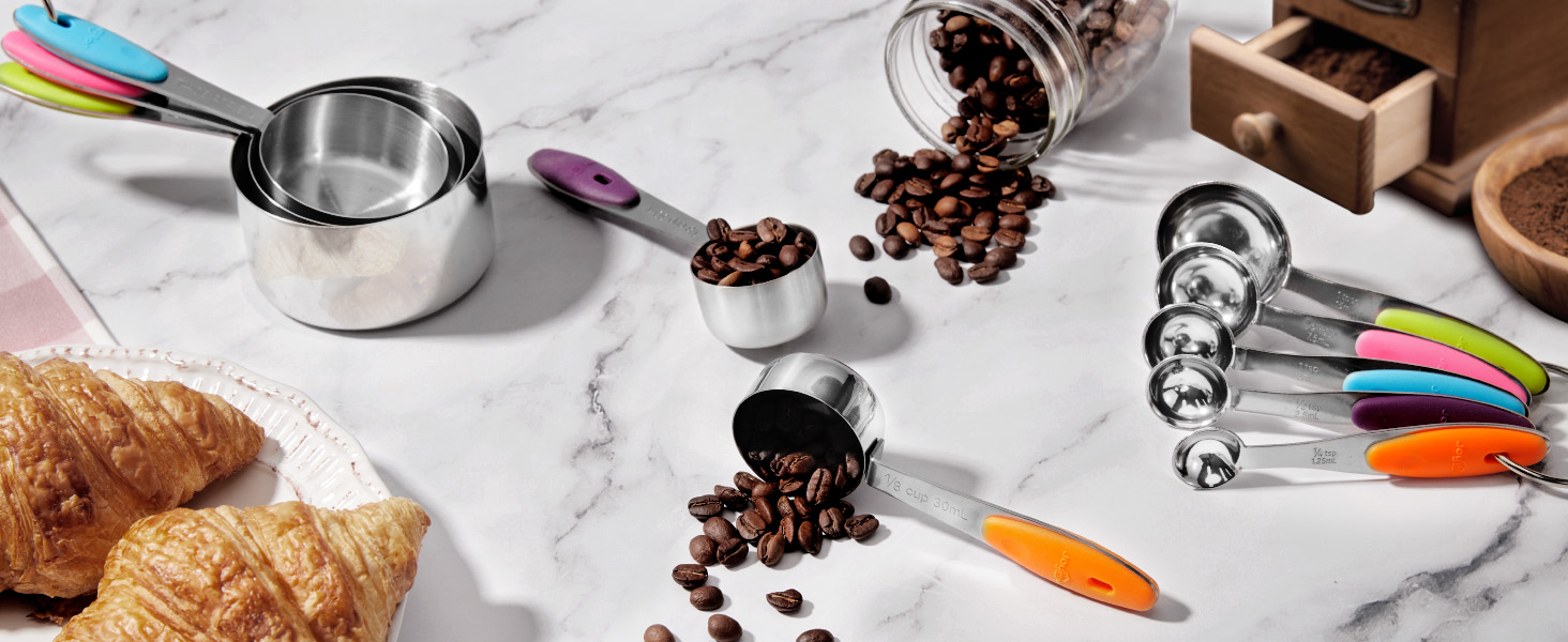 Joyhill Copper Measuring Cups and Spoons Set of 10 Piece, Stainless Steel Nesting Measuring Cup Set with Soft Touch Silicone Handles for Dry and Liquid Ingredients