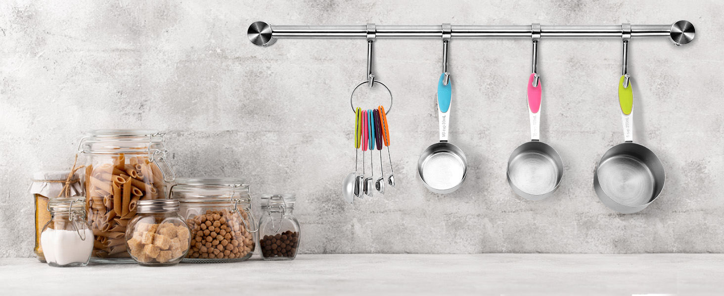 Joyhill Copper Measuring Cups and Spoons Set of 10 Piece, Stainless Steel Nesting Measuring Cup Set with Soft Touch Silicone Handles for Dry and Liquid Ingredients