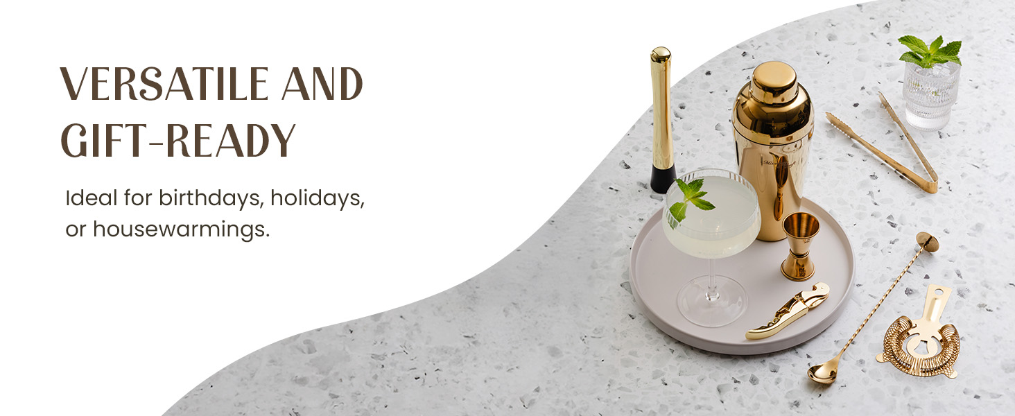 Mixology & Craft Cocktail Shaker Set with Dark Bamboo Stand - Professional 10-Piece Bartender Kit - Complete Bar Set & Cocktail Mixer Kit for Home (Gold)