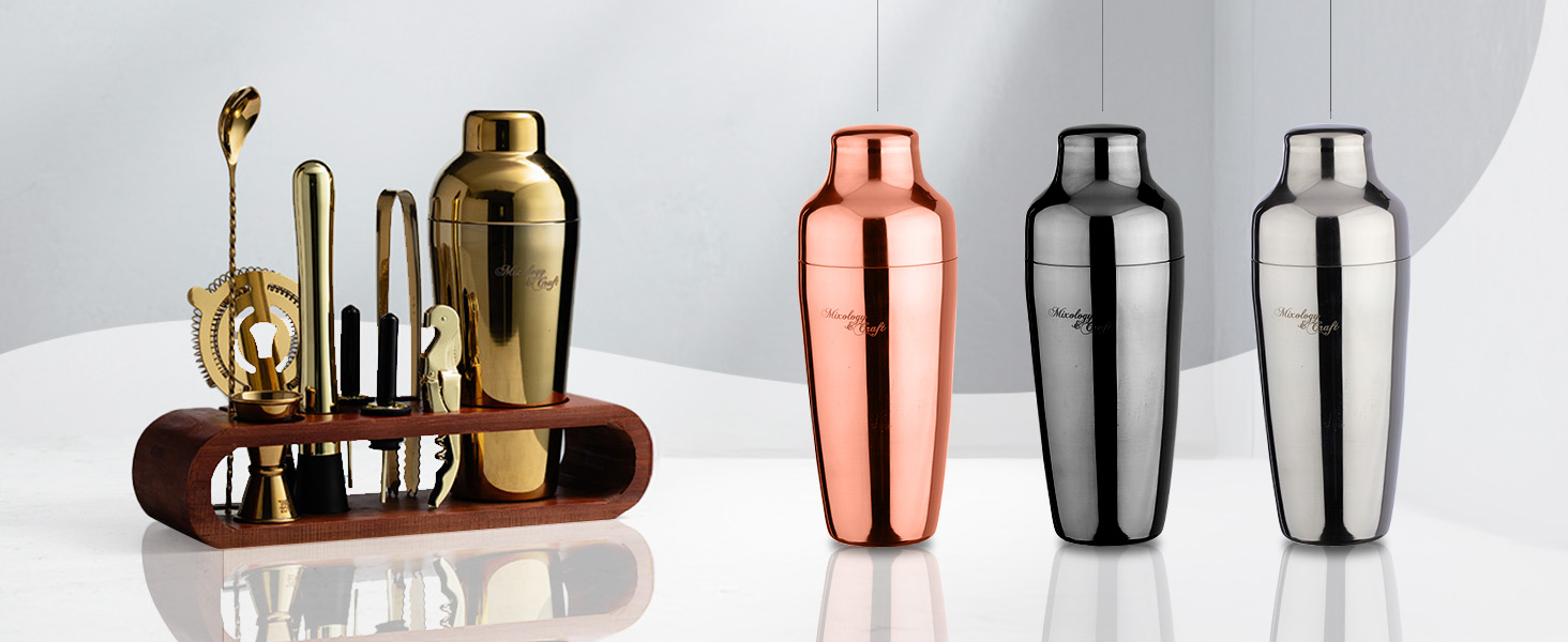 Mixology & Craft Cocktail Shaker Set with Dark Bamboo Stand - Professional 10-Piece Bartender Kit - Complete Bar Set & Cocktail Mixer Kit for Home (Gold)