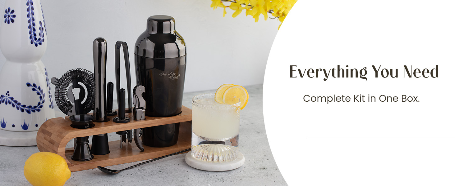 Mixology & Craft Cocktail Shaker Set with Dark Bamboo Stand - Professional 10-Piece Bartender Kit - Complete Bar Set & Cocktail Mixer Kit for Home (Gold)