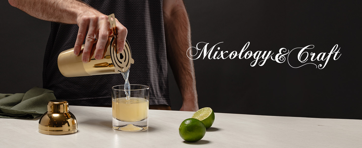 Mixology & Craft Cocktail Shaker Set with Dark Bamboo Stand - Professional 10-Piece Bartender Kit - Complete Bar Set & Cocktail Mixer Kit for Home (Gold)