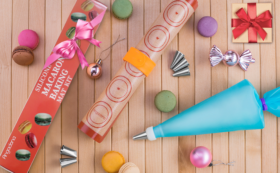 Angadona Macaron Silicone Baking Mats Kit (16pcs set) Macaroon Baking Mat Set of 2 Half Sheet Macaron Silicone Mat Nonstick Macaron Mat Sheet,6 Piping Tip,2 Piping Bag with 3 Bag Tie,2 coupler