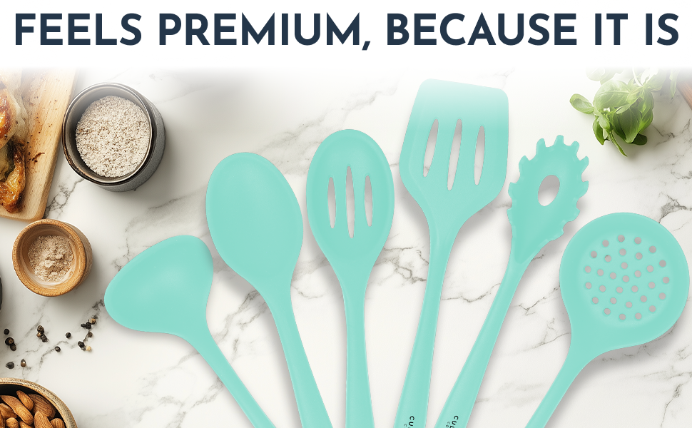 Culinary Couture Aqua Sky Silicone Cooking Utensils Set - Sturdy Steel Inner Core - Spatula, Mixing & Slotted Spoon, Ladle, Pasta Server, Drainer - Heat Resistant Kitchen Tools - Bonus Recipe Ebook
