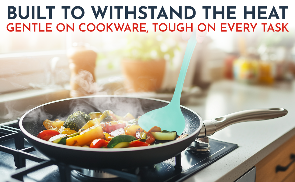 Culinary Couture Aqua Sky Silicone Cooking Utensils Set - Sturdy Steel Inner Core - Spatula, Mixing & Slotted Spoon, Ladle, Pasta Server, Drainer - Heat Resistant Kitchen Tools - Bonus Recipe Ebook