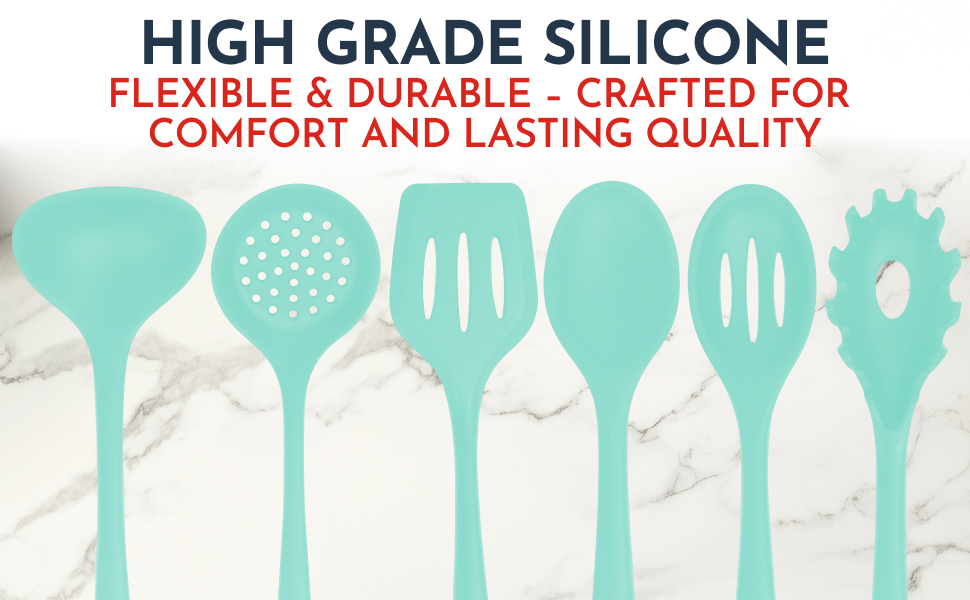 Culinary Couture Aqua Sky Silicone Cooking Utensils Set - Sturdy Steel Inner Core - Spatula, Mixing & Slotted Spoon, Ladle, Pasta Server, Drainer - Heat Resistant Kitchen Tools - Bonus Recipe Ebook