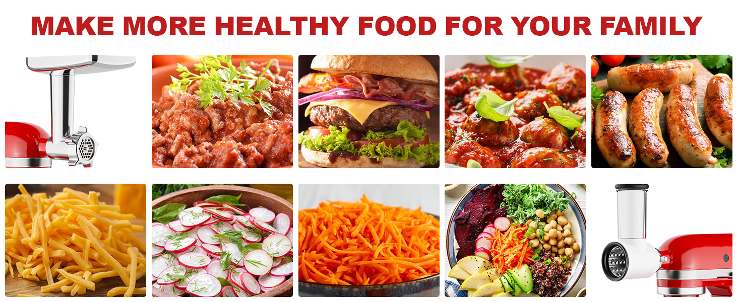 Meat Grinder and Cheese Grater Attachment for KitchenAid Stand Mixer, Slicer Shredder & Meat Grinder with Sausage Stuffer, 2 Pcs for KitchenAid Accessories and Attachments