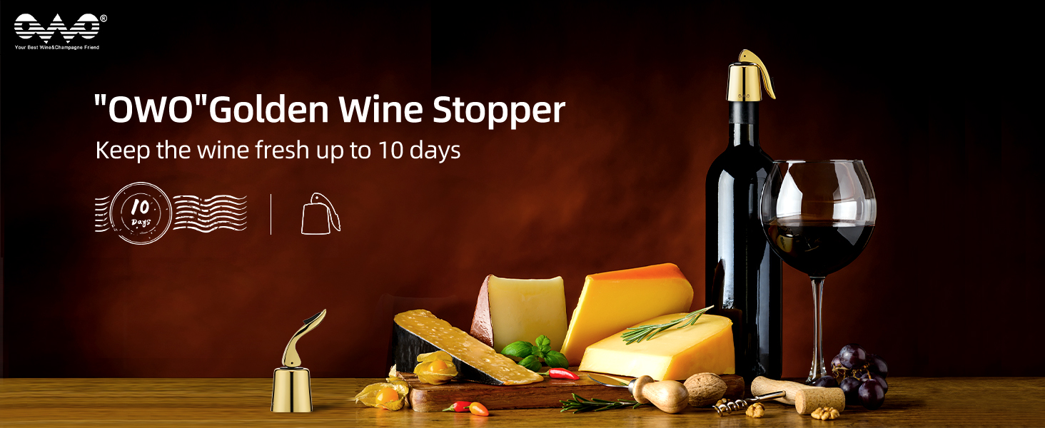 OWO Stainless Steel Wine Bottle Stopper, Reusable Wine Saver with Silicone Seal, Decorative Bottle Sealer, Keeps Fresh (Metal Black, 2 Pack)