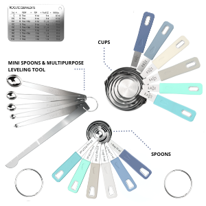 22-Piece Stainless Steel Measuring Cups and Spoons Set, Tad Dash Pinch Smidgen Drop Mini Measuring Spoons, Measuring Stick Leveler, Measurement Conversion Chart Fridge Magnet, (Country Chic)