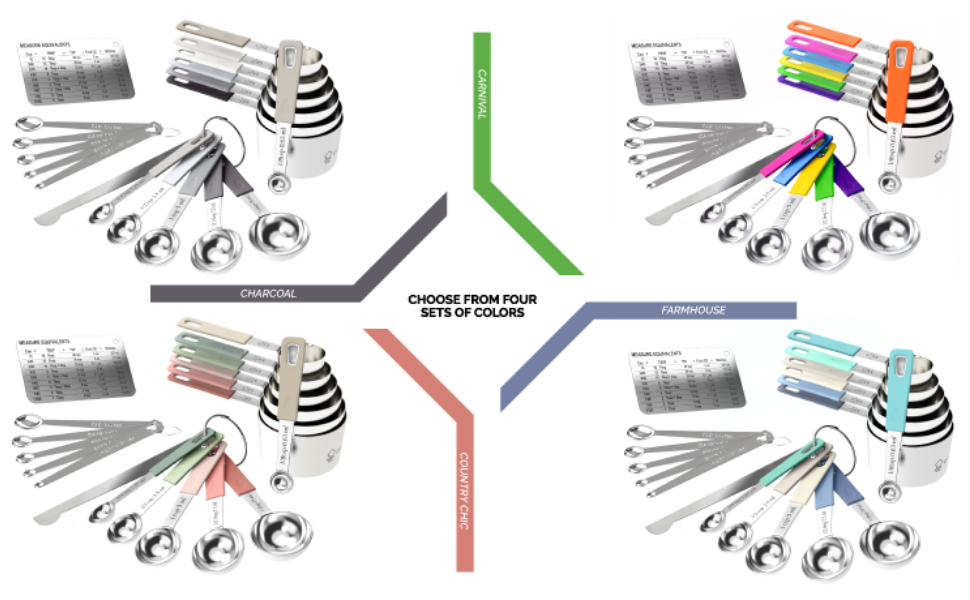 22-Piece Stainless Steel Measuring Cups and Spoons Set, Tad Dash Pinch Smidgen Drop Mini Measuring Spoons, Measuring Stick Leveler, Measurement Conversion Chart Fridge Magnet, (Country Chic)