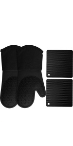 BPA-Free Soft Silicone 4 Piece Oven Mitts & Trivets Set - Ultra Heat Resistant Oven Mitts with Thick Cotton Liner - Long Slip Resistant Pot Holders, Flexible Oven Gloves - Royal Blue