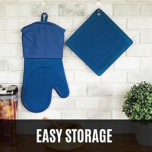 BPA-Free Soft Silicone 4 Piece Oven Mitts & Trivets Set - Ultra Heat Resistant Oven Mitts with Thick Cotton Liner - Long Slip Resistant Pot Holders, Flexible Oven Gloves - Royal Blue