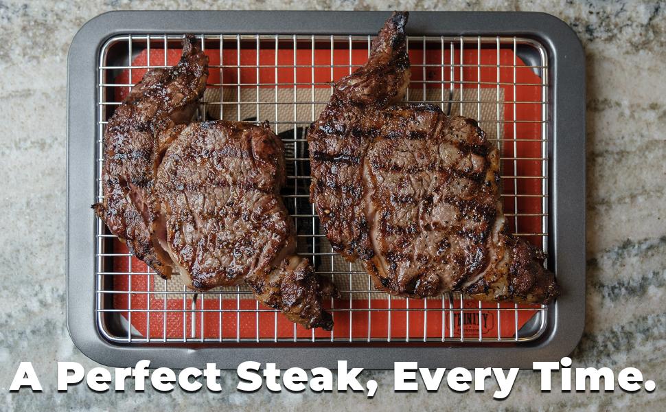 Trinity Provisions Meat Resting Pan - With Wire Rack and Silicone Baking Mat - Dishwasher and Oven Safe Stainless Steel, for Cooking and Cooling Steak, BBQ, Bacon, & More
