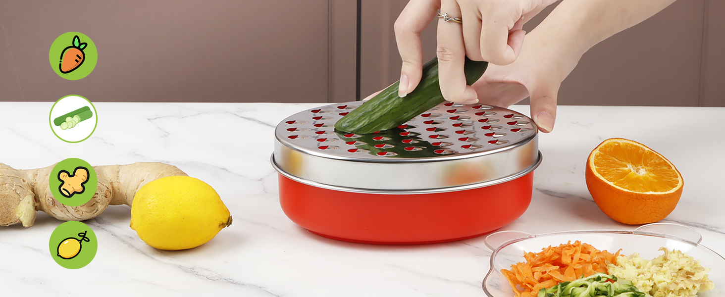 Cheese Grater Citrus Lemon Zester with Food Storage Container & Lid - Perfect For Hard Parmesan Or Soft Cheddar Cheeses, Ginger, Vegetables, Butter, Chocolate & Nutmeg (Red)