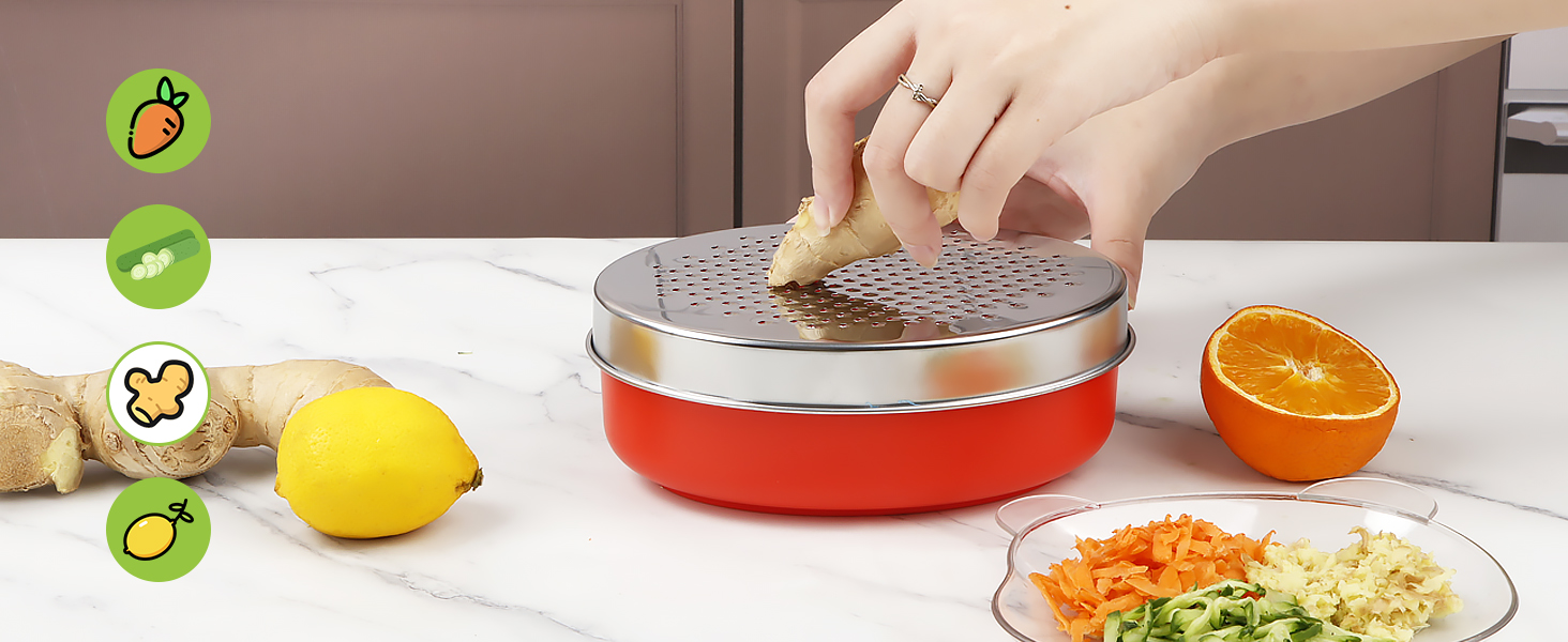 Cheese Grater Citrus Lemon Zester with Food Storage Container & Lid - Perfect For Hard Parmesan Or Soft Cheddar Cheeses, Ginger, Vegetables, Butter, Chocolate & Nutmeg (Red)